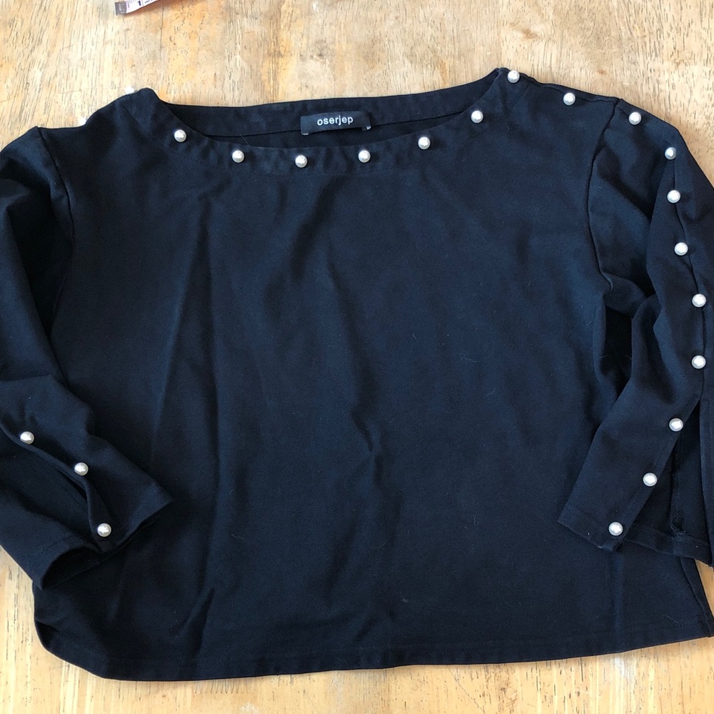 Oserjep black long sleeve top with faux pearls at neck & sleeve